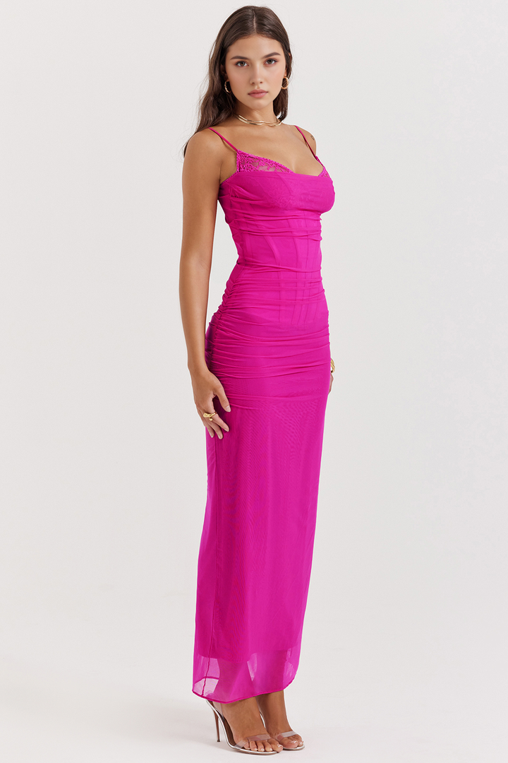 Stunning women's hot pink maxi evening dress, a glamorous long gown for special occasions.