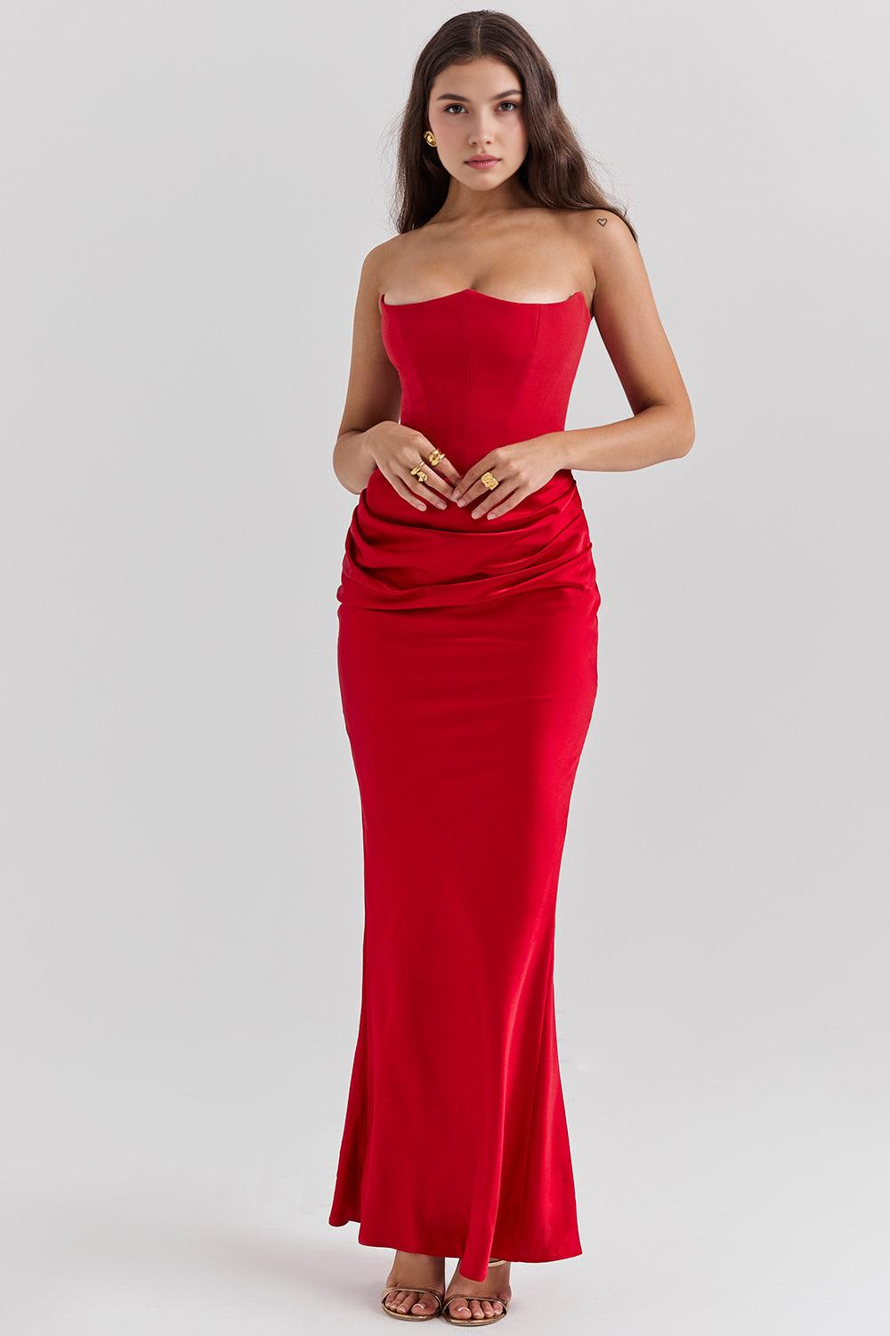 Chic strapless formal party dress, elegant evening wear for women.