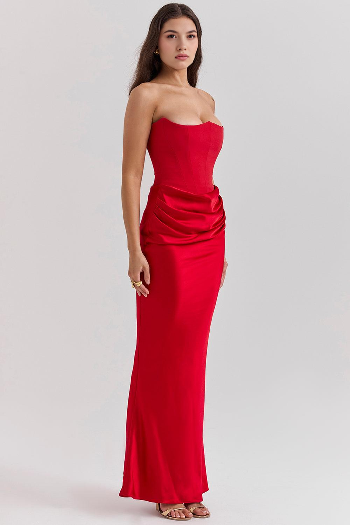 Sophisticated strapless formal gown, women's glamorous wear for special events.