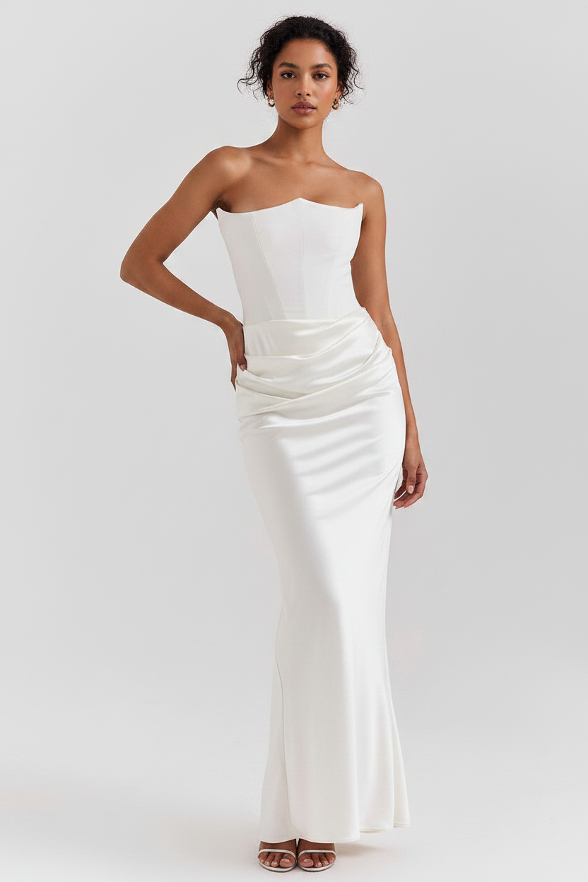 Sophisticated strapless evening gown, a chic choice for women's special occasions.