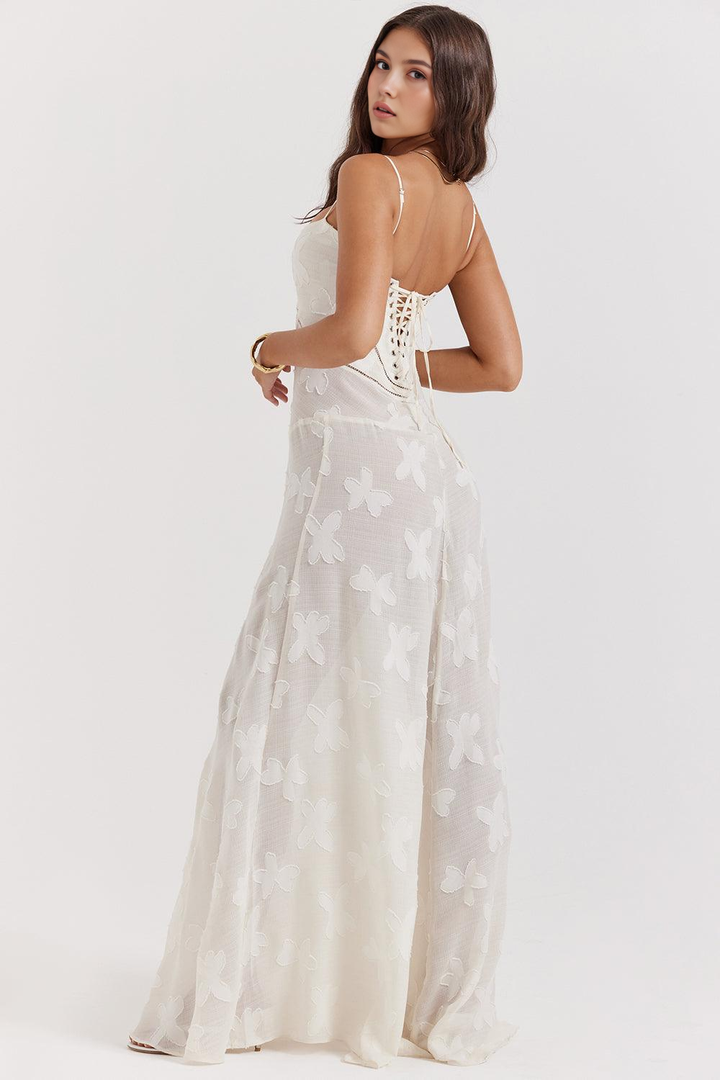 Sophisticated women's long floral dress with a flattering corset bodice & maxi length.