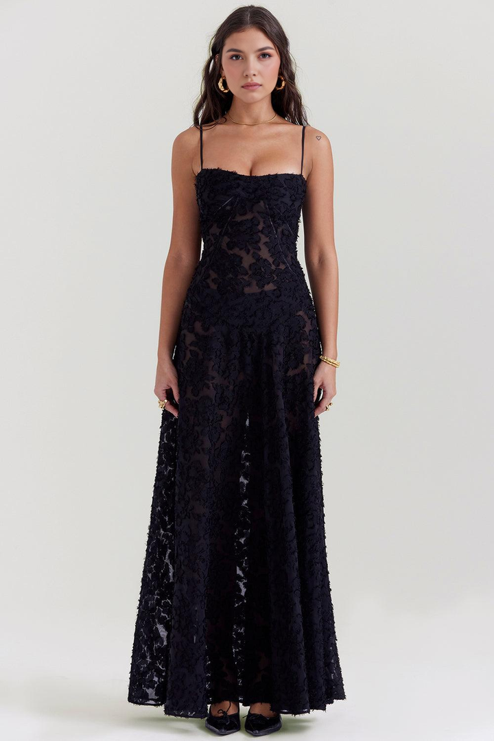Long elegant floral evening gown featuring a stylish corset top & flowing skirt for women.