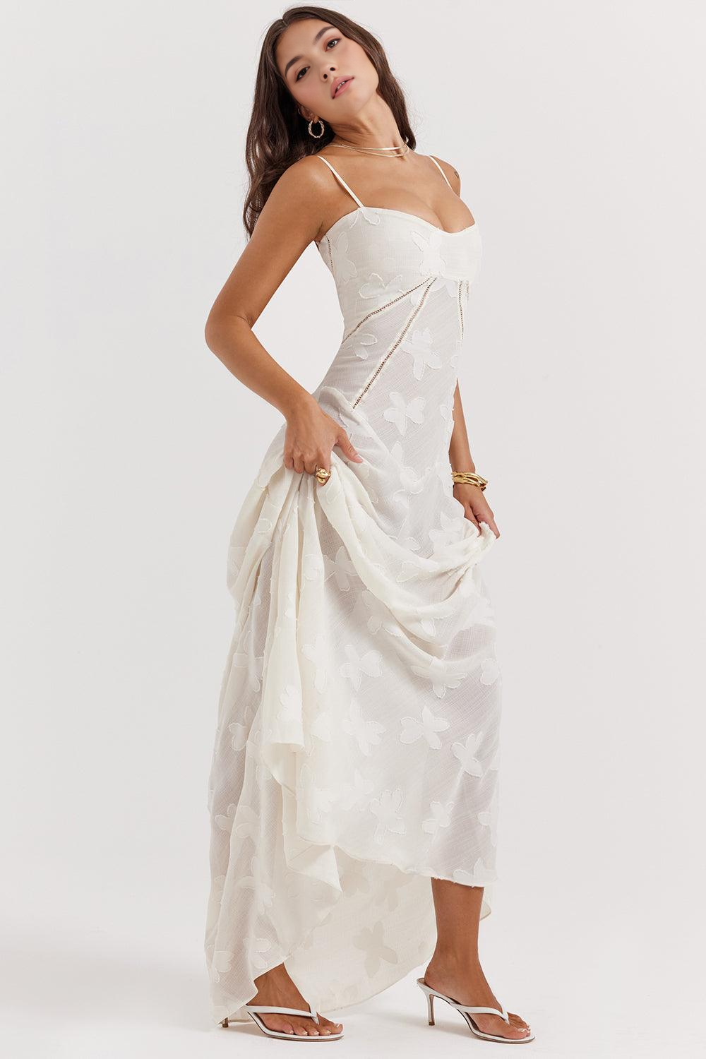 Beautiful women's floral print maxi dress with a sheer elegant corset style top.
