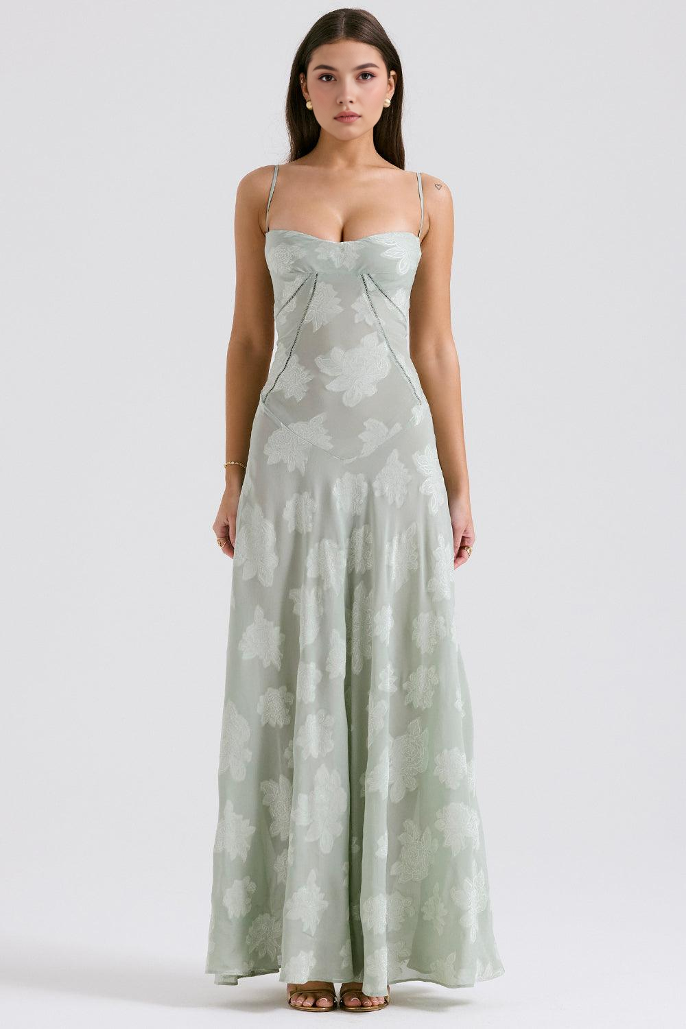 Women's Serenity Bloom evening gown, bustier floral maxi dress for special occasions.