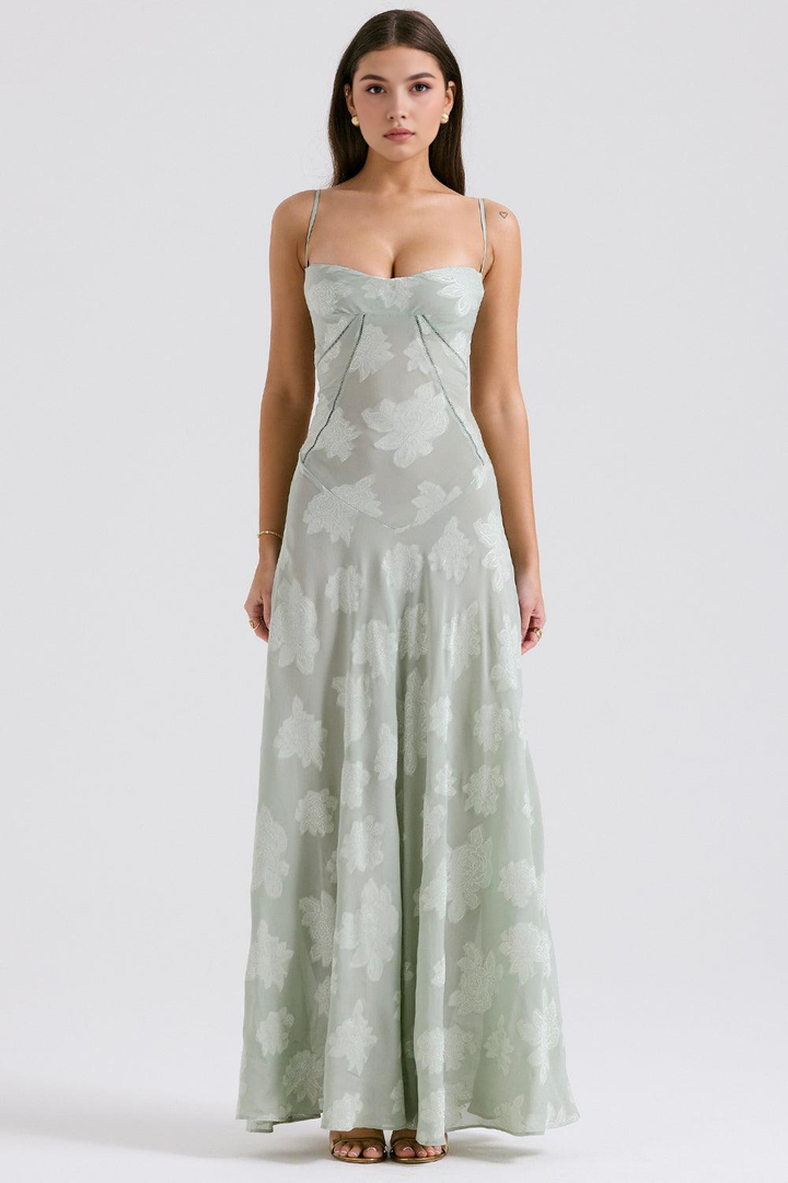 Women's Serenity Bloom evening gown, bustier floral maxi dress for special occasions.