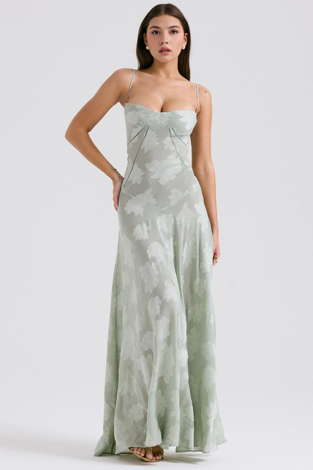 Elegant women's long floral dress, perfect as an evening gown or party dress with corset detail.