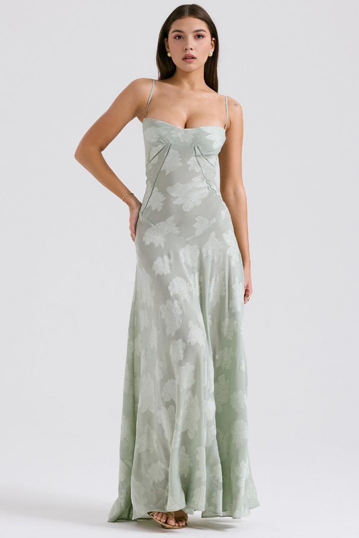 Elegant women's long floral dress, perfect as an evening gown or party dress with corset detail.