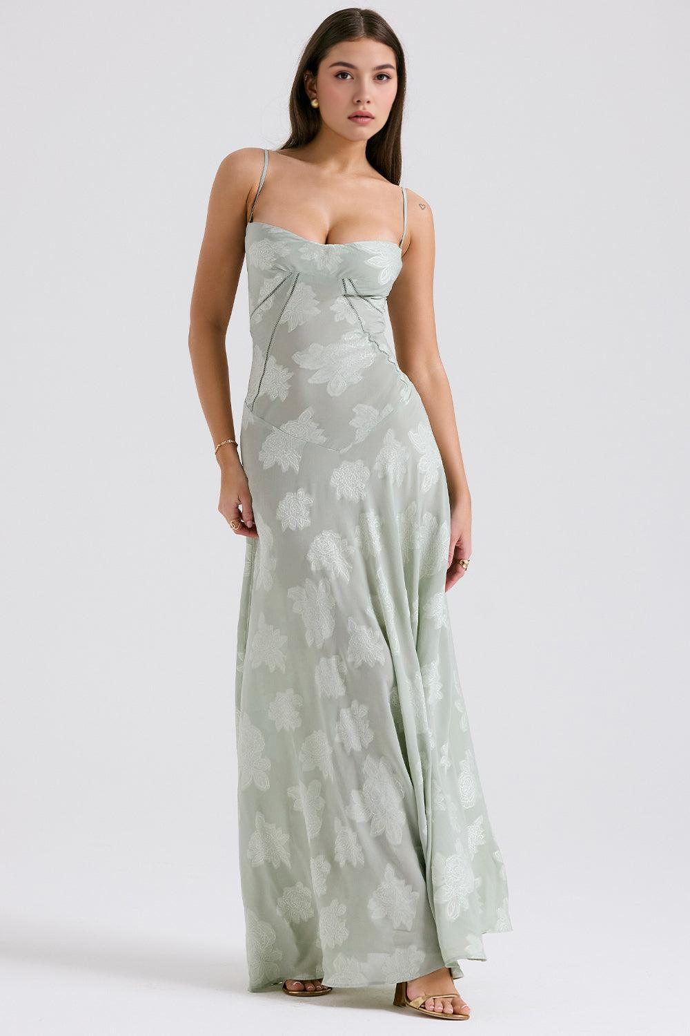 Floor-length Serenity Bloom floral dress, an elegant women's formal gown for weddings.