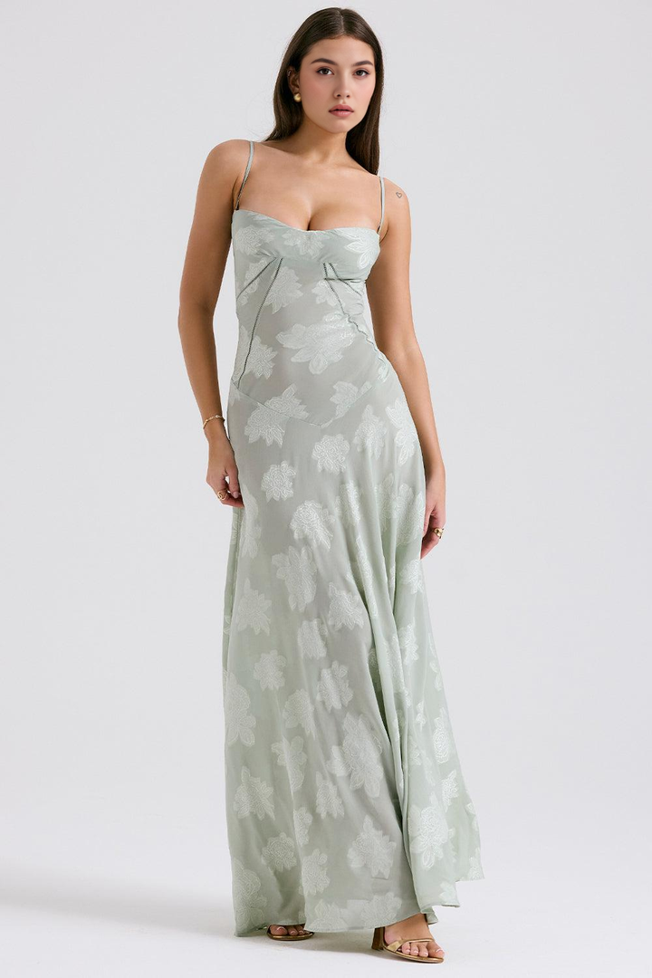 Women's formal floral maxi dress featuring a structured corset and flowing elegant design.