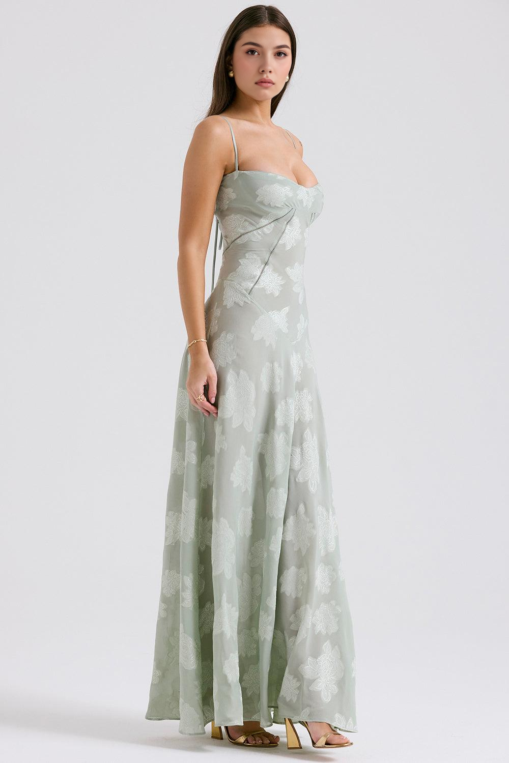 Graceful women's floral print party dress, a corset maxi gown for special occasions.