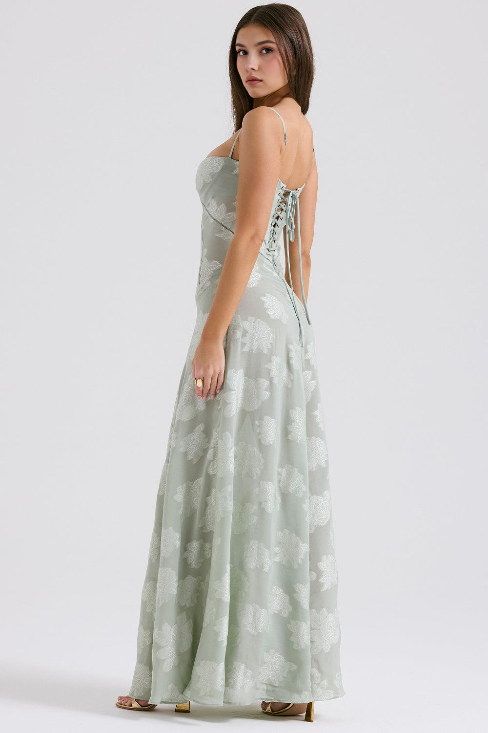 Vibrant floral Serenity Bloom women's maxi dress, an elegant bustier gown for formal events.