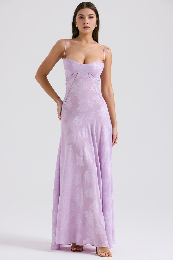Sophisticated women's party dress, elegant floral corset style maxi gown with sheer details.
