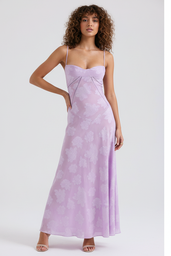 Elegant women's Serenity Bloom bustier gown, a stunning floral maxi for evening events.