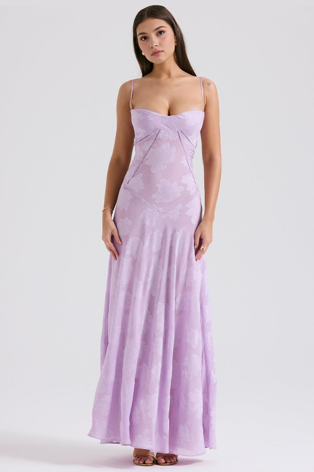 Women's sophisticated floral corset maxi dress, ideal for an elegant evening out.