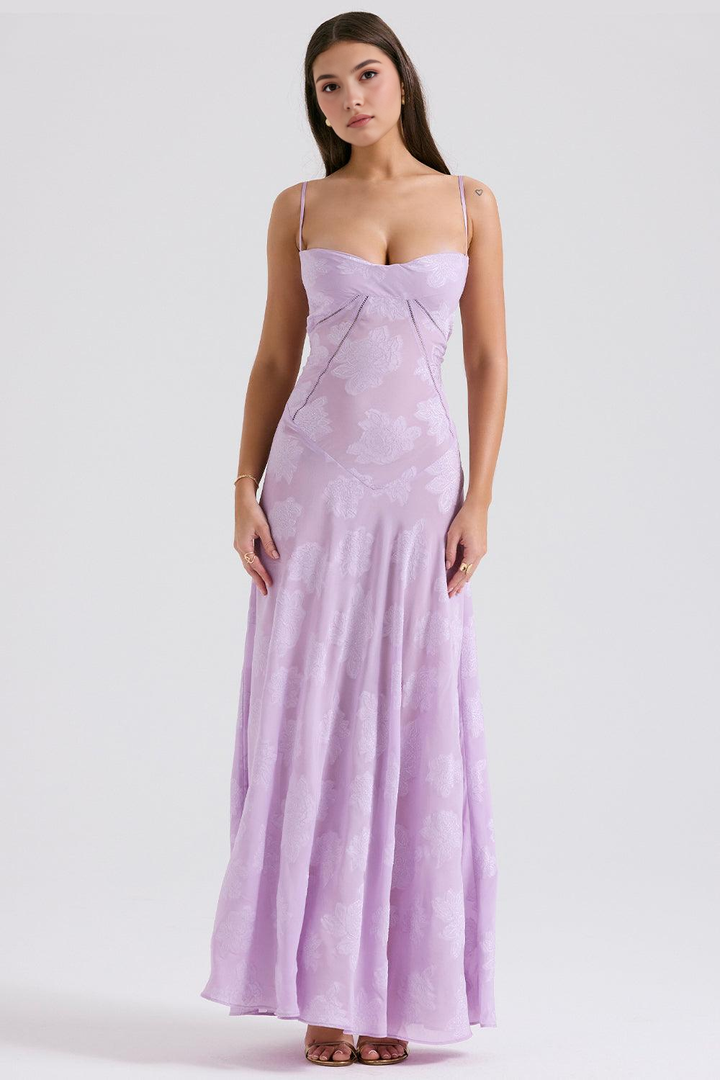 Women's sophisticated floral corset maxi dress, ideal for an elegant evening out.