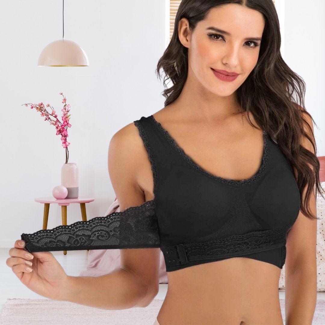 Women's posture correcting support bra with wide straps for back pain relief & comfort.