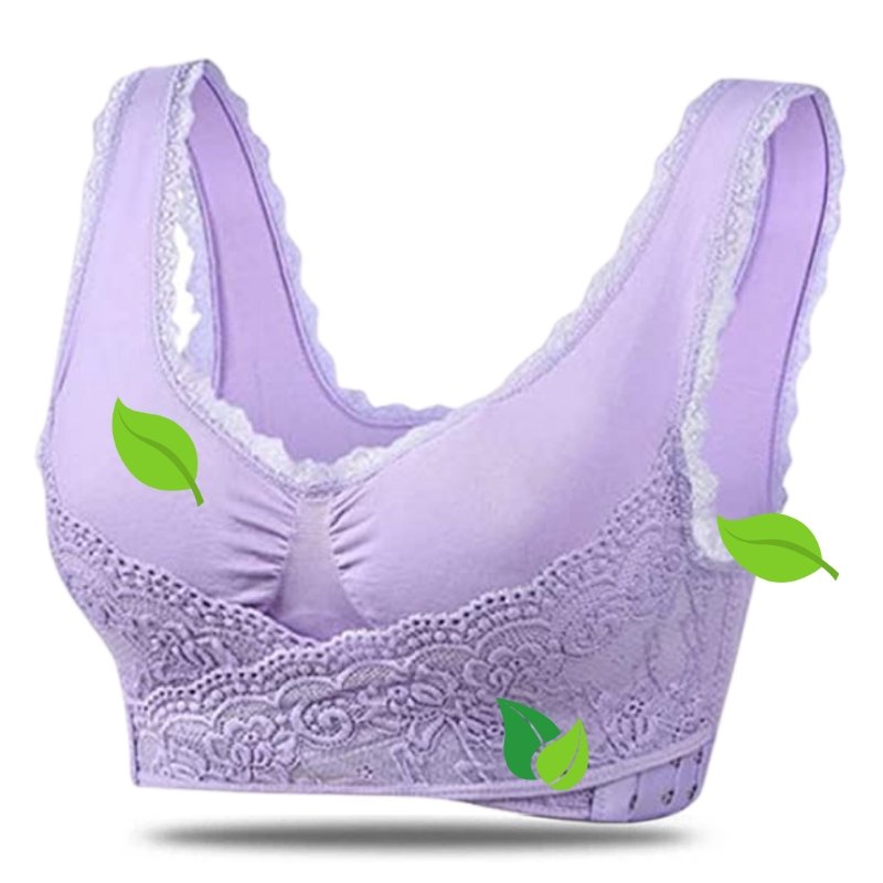 Lace-trimmed wireless support bra for women, promoting posture correction, comfort & back pain relief.