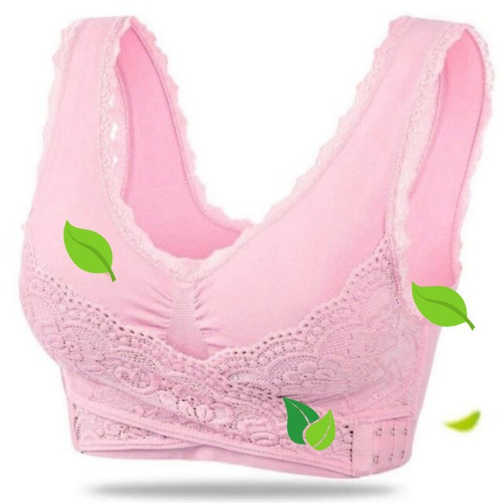 Women's comfortable posture correcting support bra, wireless with elegant lace details, for effective back pain relief.