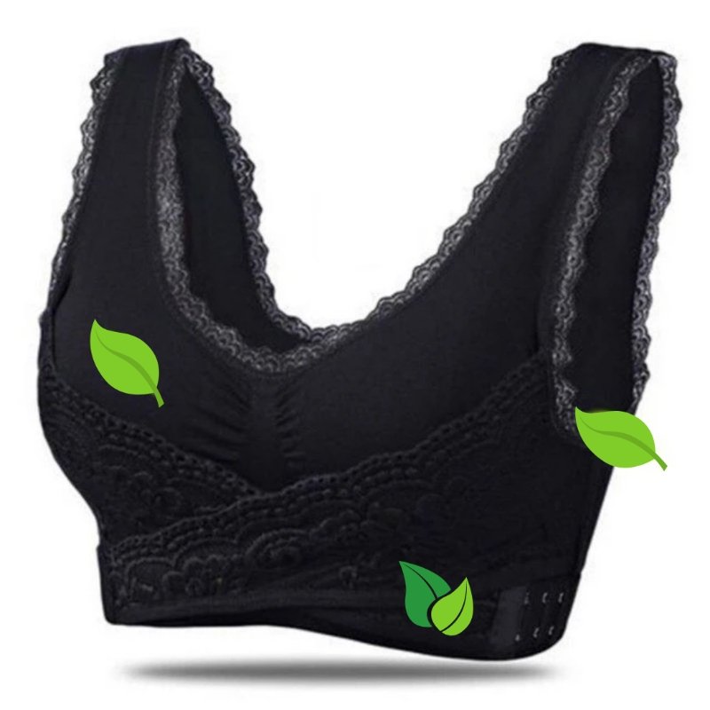 Close-up: Delicate lace details on a women's posture correcting support bra, combining style & comfort.