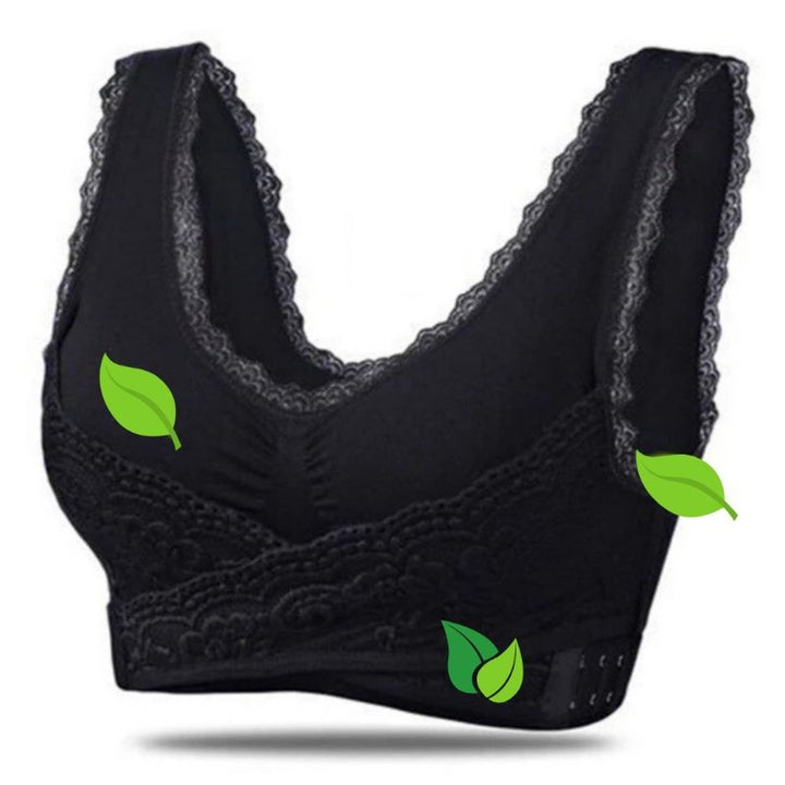 Close-up: Delicate lace details on a women's posture correcting support bra, combining style & comfort.