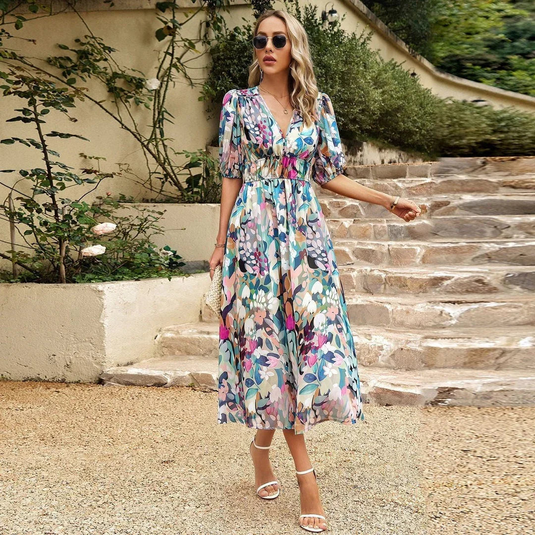 Comfortable women's V-neck midi dress. Sleeveless, elegant, and perfect for summer casual chic or occasion wear.