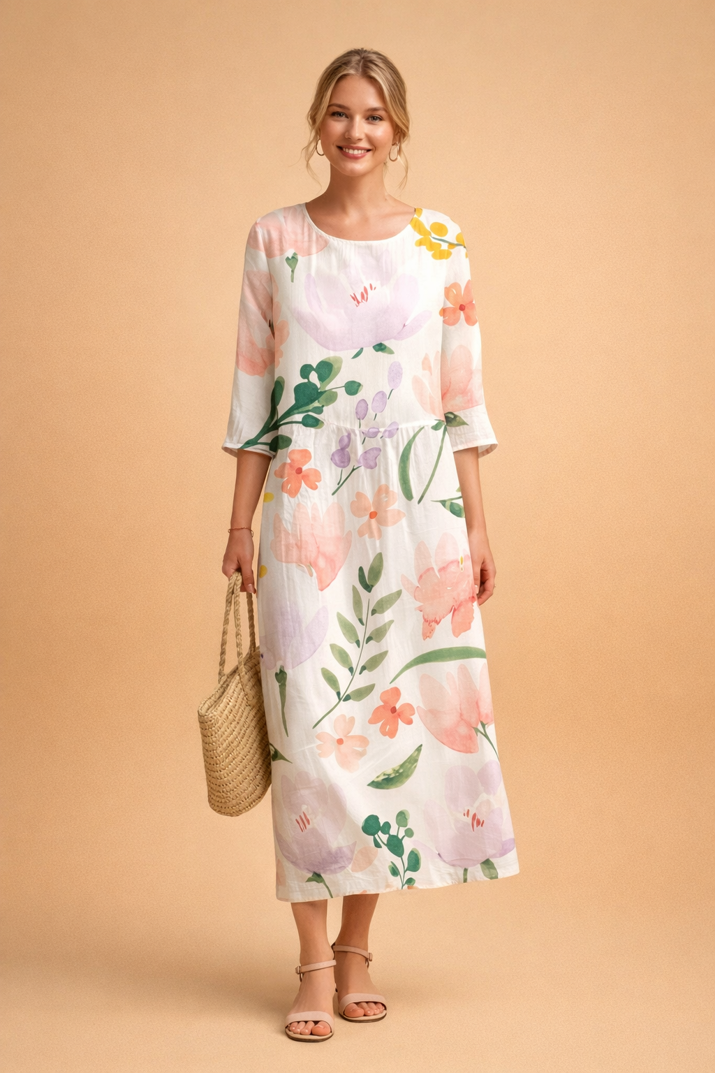 Women's summer floral midi dress, elegant, comfortable, relaxed fit for everyday wear.