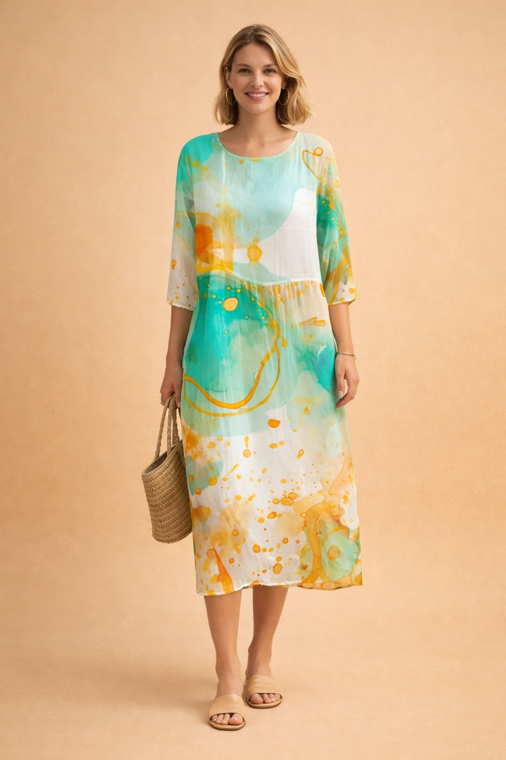 Summer floral midi dress for women, elegant style, round neck, comfortable fit.
