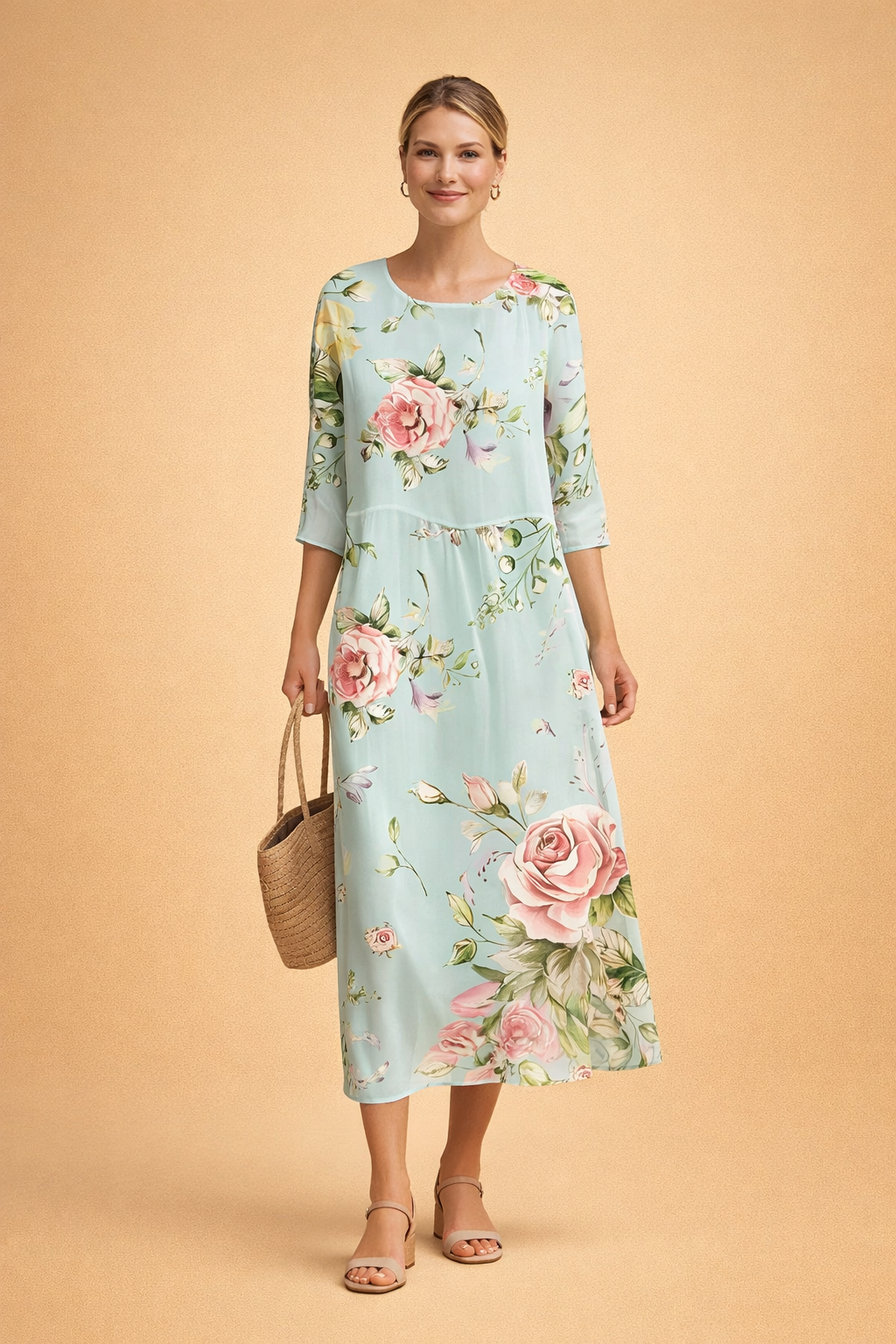 Women's elegant floral midi dress, relaxed fit, perfect for summer comfort and style.