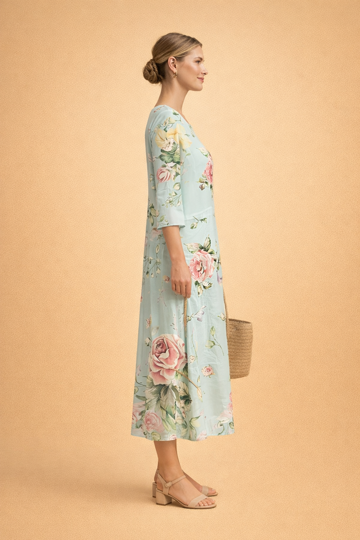 Ladies' floral print midi dress, airy design, ideal for spring & summer occasions.