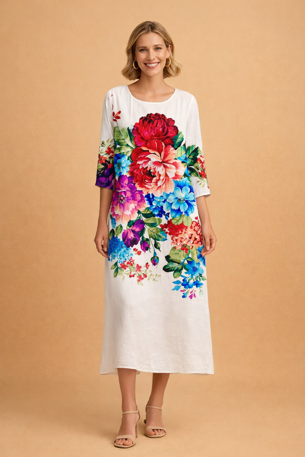 Elegant ladies' floral midi dress, relaxed fit, round neck, suitable for spring occasions.