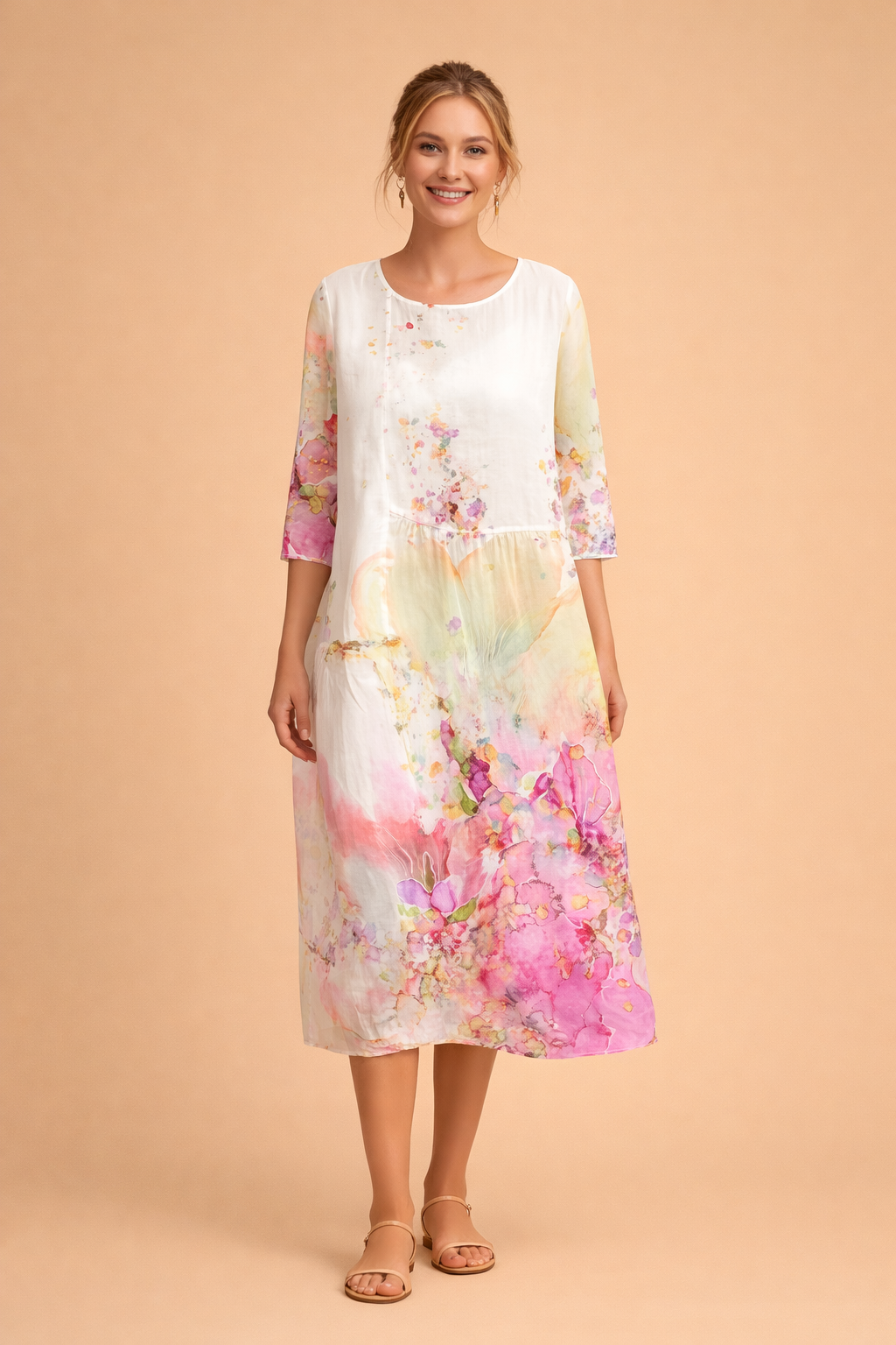Comfortable women's floral midi dress, elegant design, airy relaxed fit, summer style.
