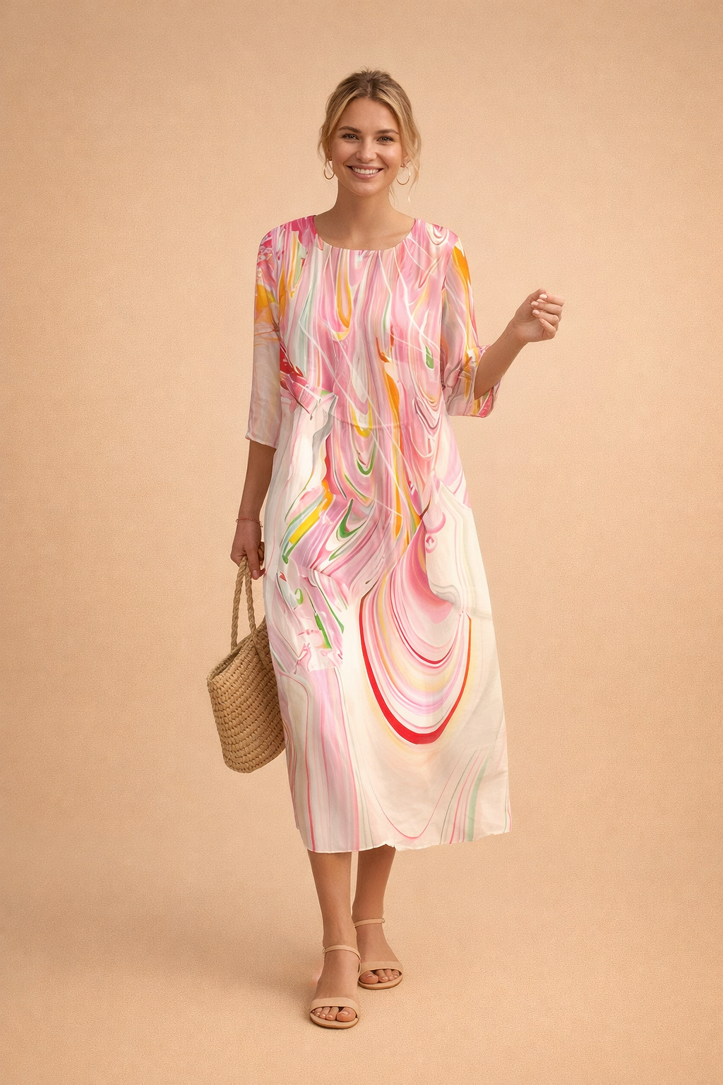 Midi dress for women, elegant floral pattern, relaxed fit, round neck, perfect for summer.