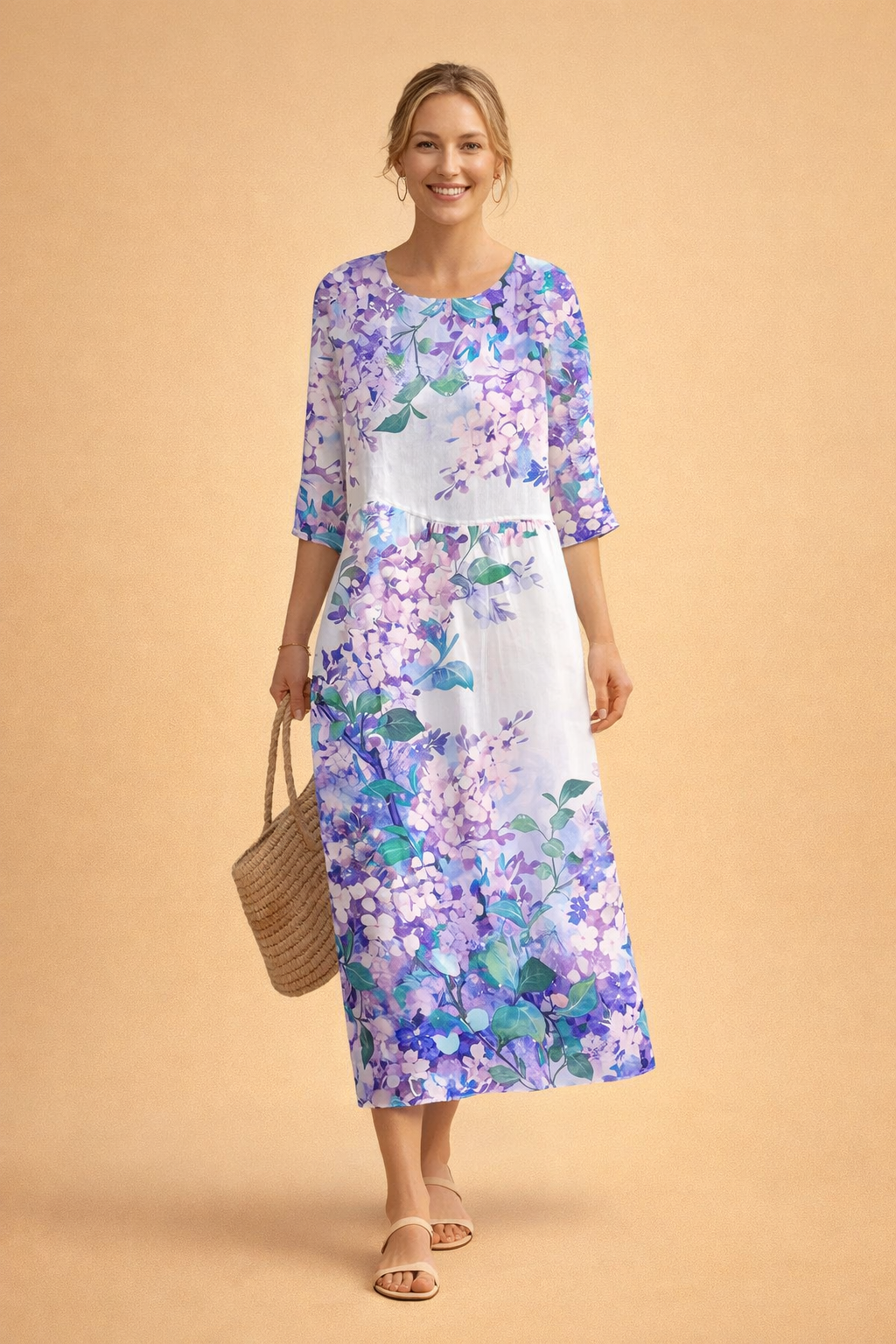 Floral print women's midi dress, elegant spring/summer fashion, comfortable relaxed fit.