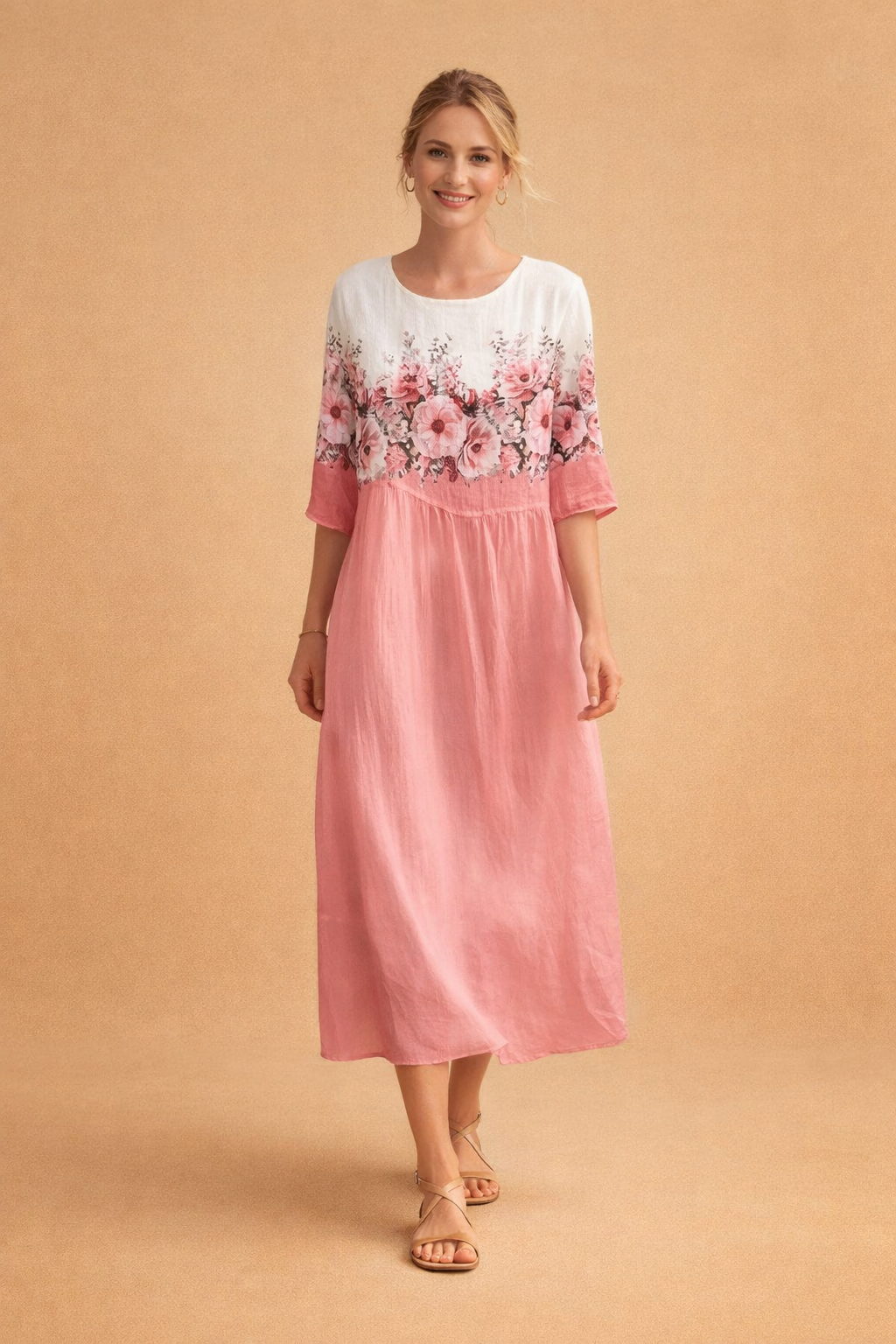 Women's elegant floral midi dress, relaxed for summer comfort, versatile occasion wear.