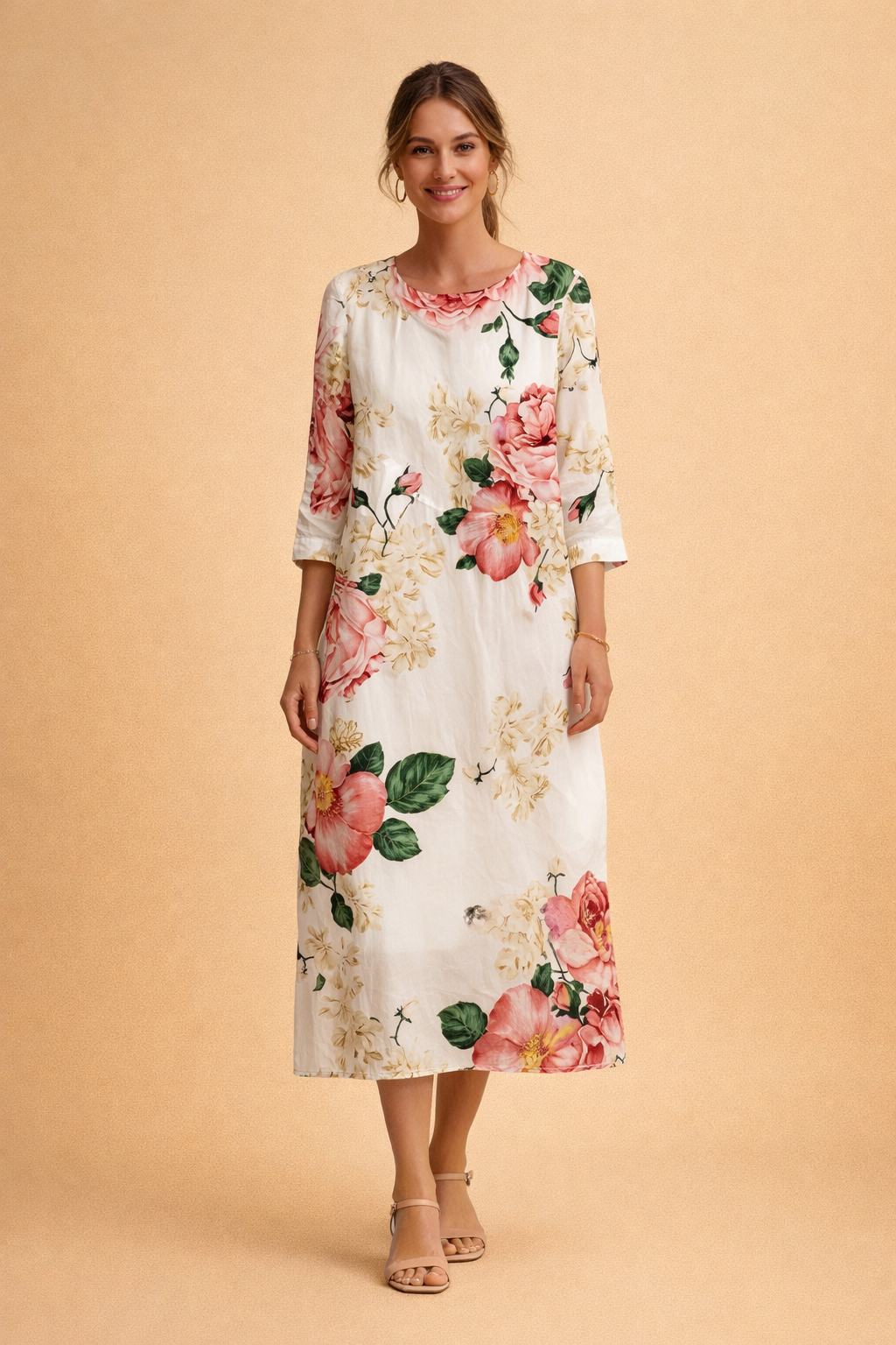 Ladies' casual floral midi dress, round neck, airy, perfect for warm weather comfort.