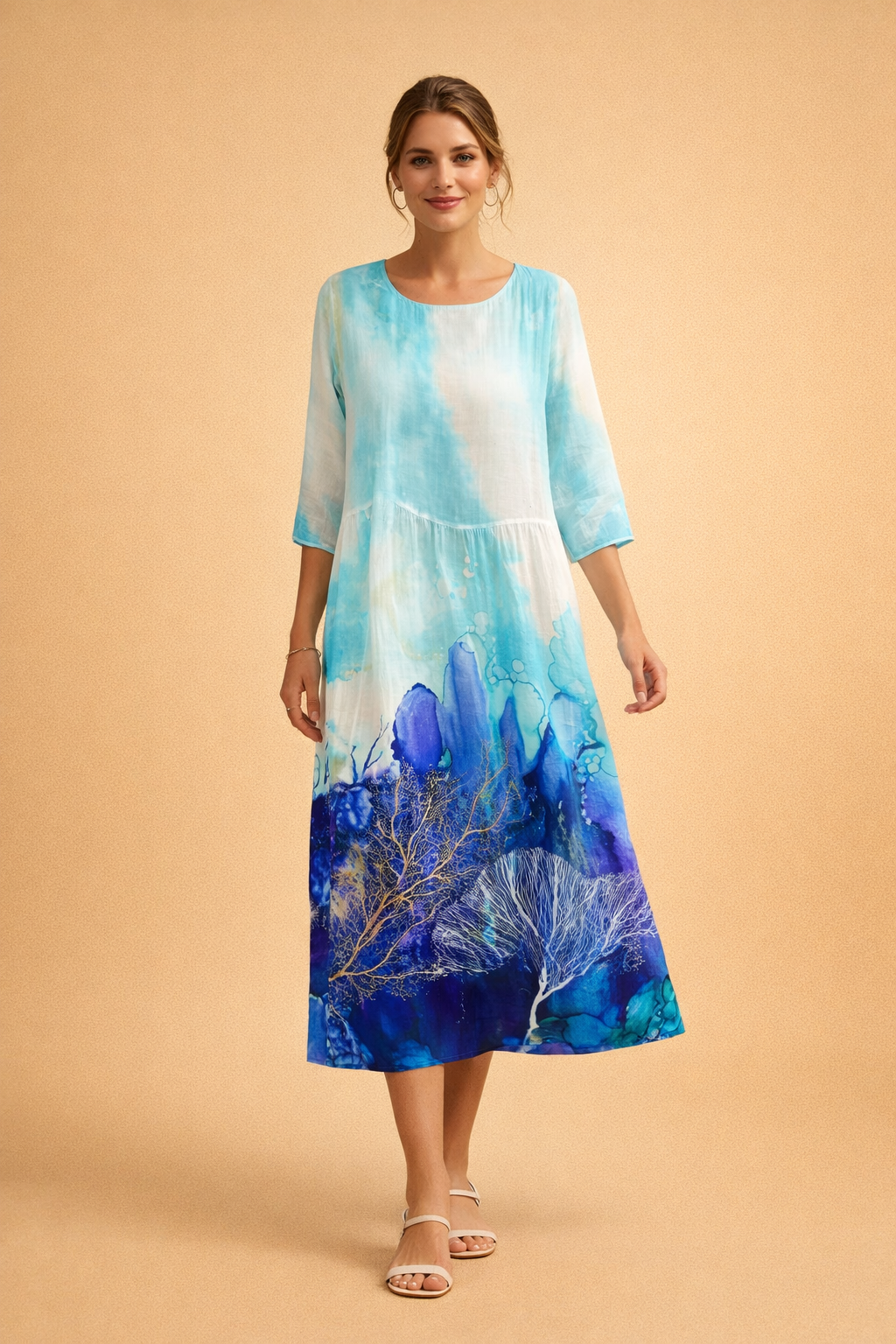 Elegant women's midi dress, beautiful floral design, comfortable relaxed fit, summer.