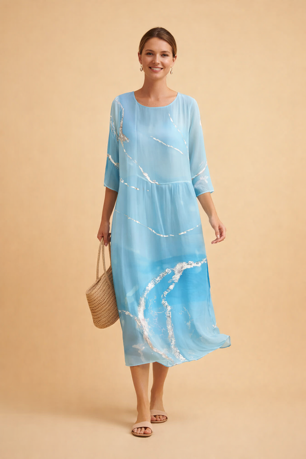 Spring fashion midi dress, vibrant floral print, relaxed and airy for ladies.