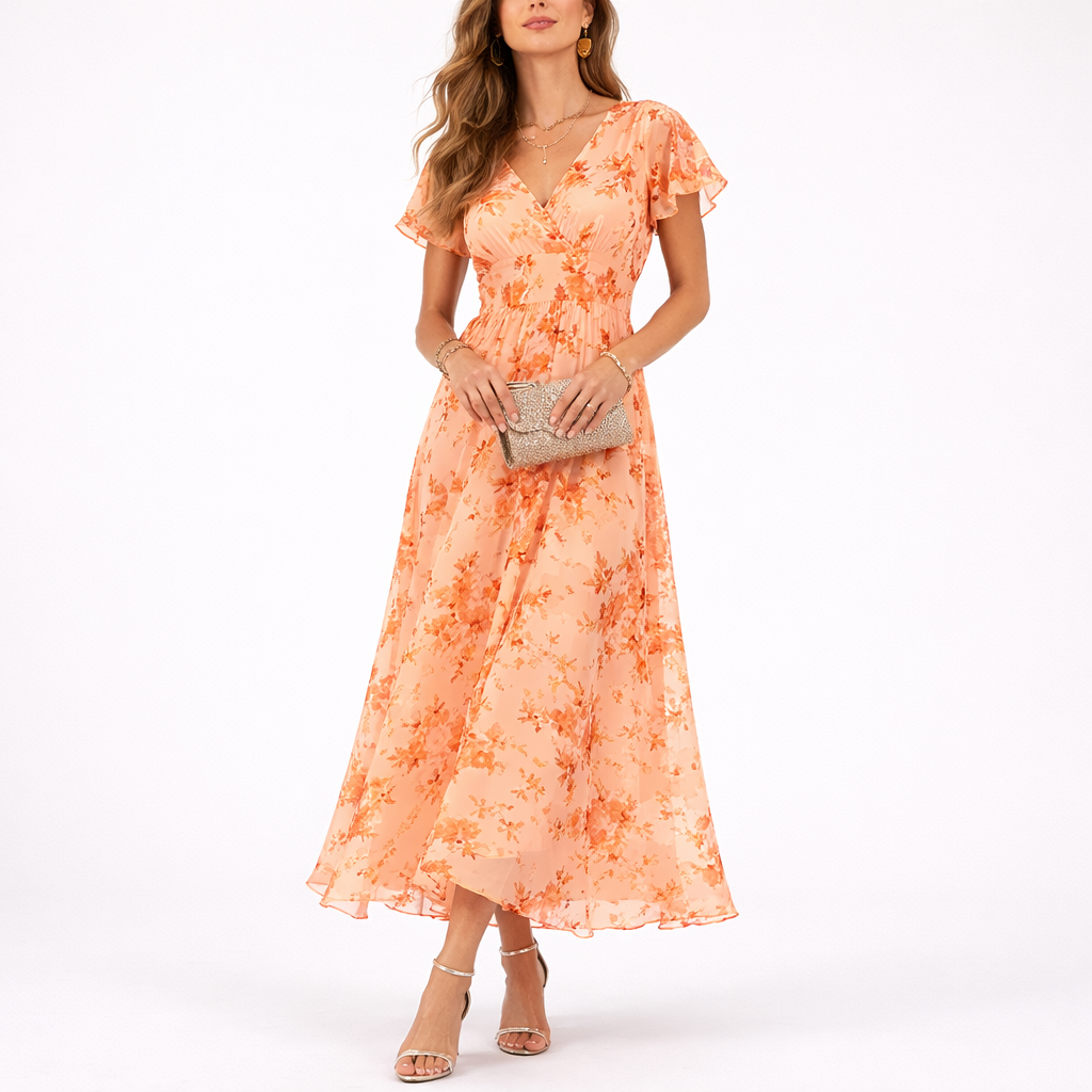 Elegant women's floral maxi dress for summer. Flowy, comfortable style perfect for vacation & casual wear.