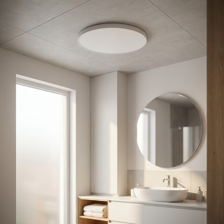 Round LED ceiling light, soft ambient glow, slim gold trim design for cozy spaces.