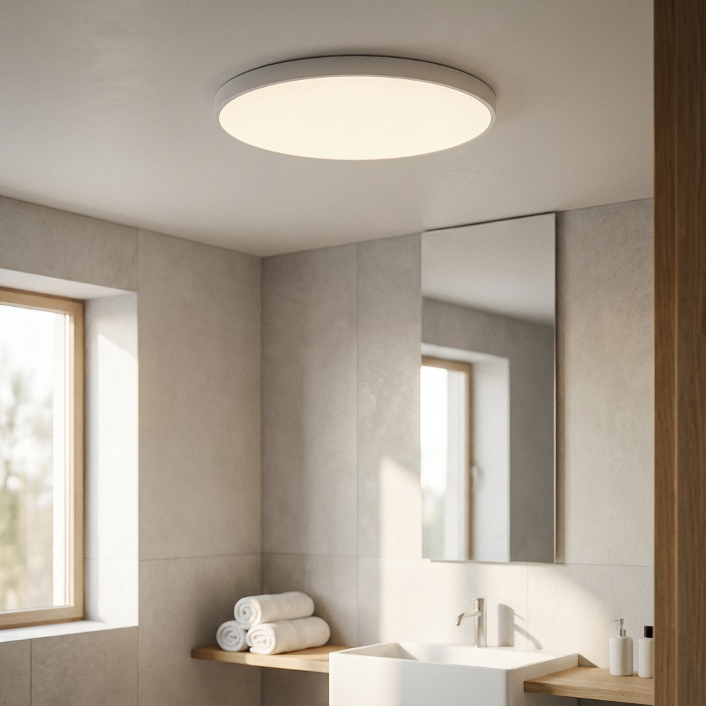 Modern flush mount LED ceiling light, round shape, elegant gold trim, energy efficient.