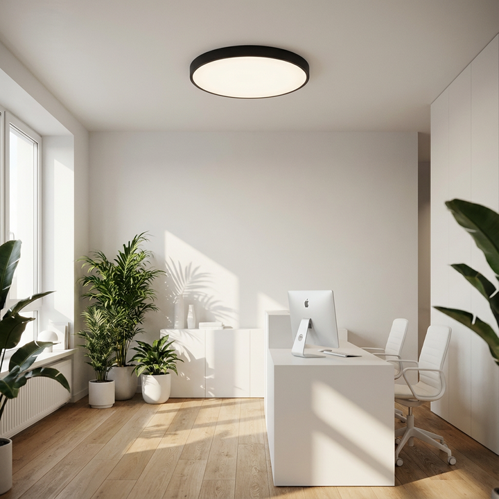 Slim design round LED ceiling light, gold trim, soft light, ideal for modern home decor.
