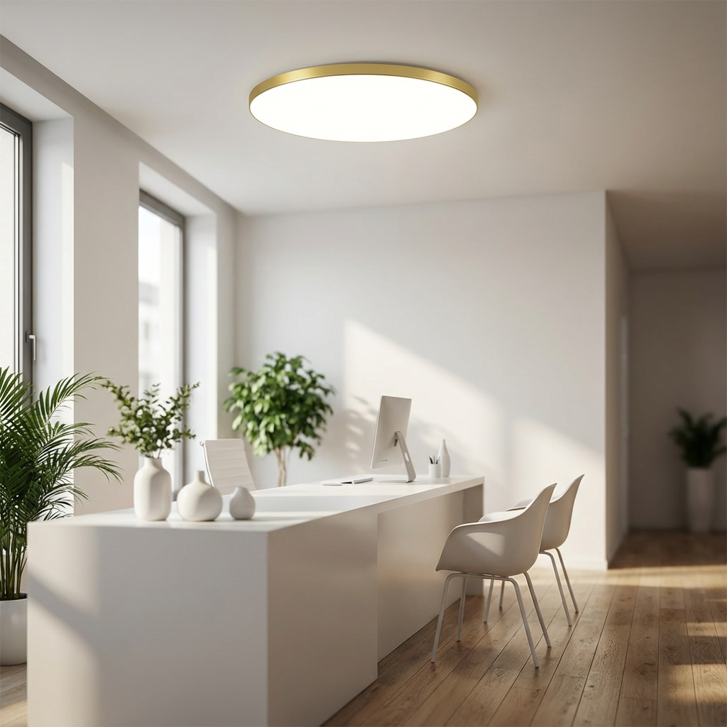 Energy-efficient round LED light, slim profile, gold trim, modern ceiling fixture.