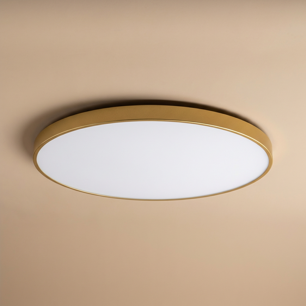 Round LED light, gold trim, flush mount, slim, energy-efficient, soft light for modern living.