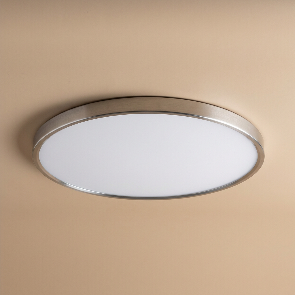 Flush mount round LED ceiling light, gold trim, perfect for modern living rooms.