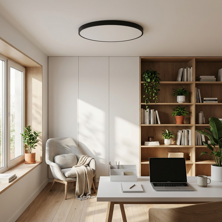 Living room round LED ceiling light, elegant gold trim, slim design, provides soft ambient light.