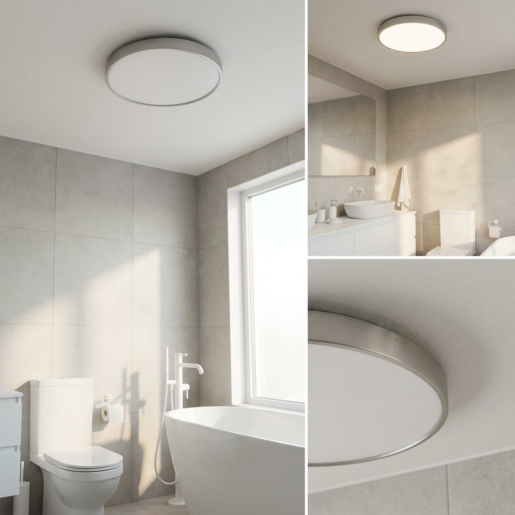Energy-efficient round LED ceiling light, slim design, soft ambient light, gold accent.