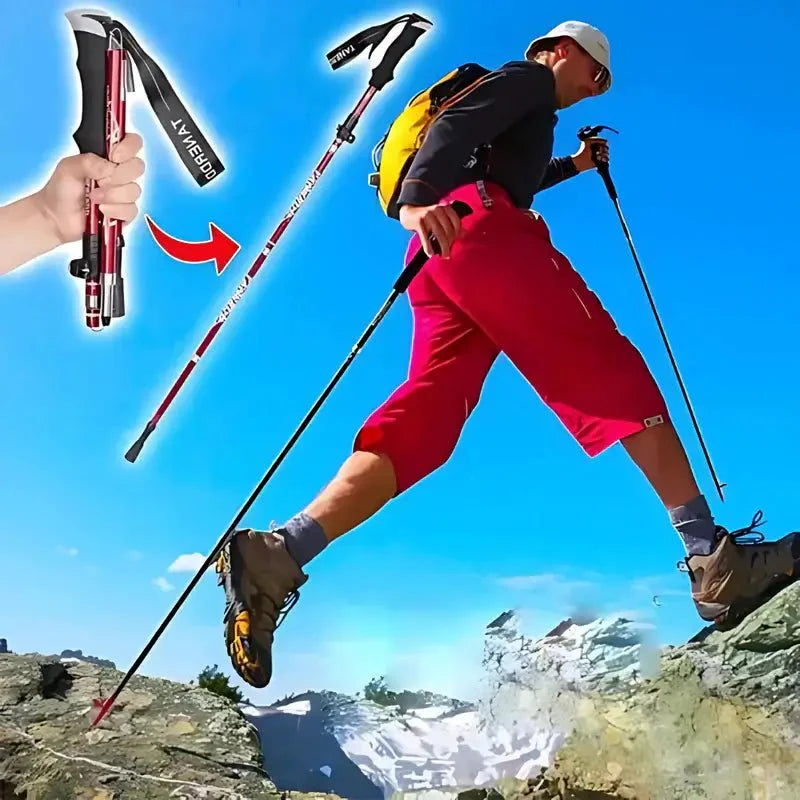 Foldable aluminum trekking pole with adjustable height, lightweight and portable, ideal for hiking, shown in multiple colors.