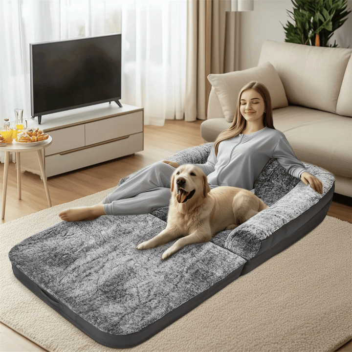 Foldable calming pet bed with plush bolsters, ideal for bonding with pets. Lightweight, spacious, and easy to maintain.