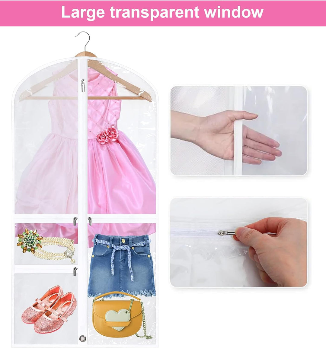 Protective foldable garment bags for dancewear storage. Includes zipped pockets, 5-pack. Ideal for travel & costumes.