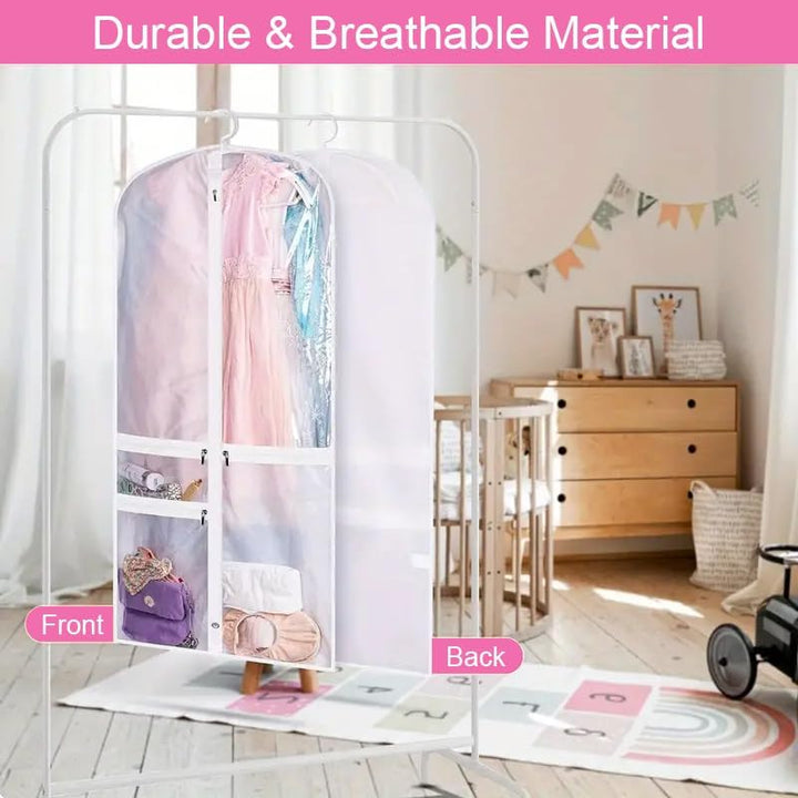 Set of 5 foldable garment bags for dance costumes. Zipped pockets for small items, perfect for travel & clothing storage.